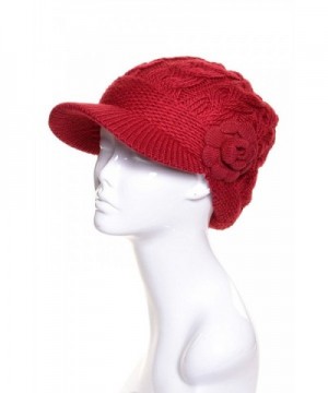 BSB AN Womens Winter Visor Cap Beanie Hat Wool Blend Lined Crochet Decoration - Red Flower - C712O0UP4NP