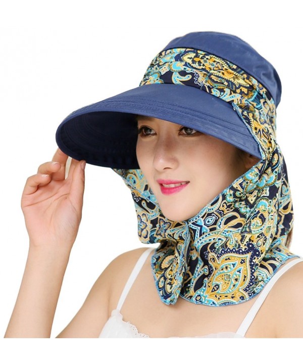 Roll Up Wide Brim Sun Visor UPF 50+ UV Protection Sun Hat with Neck Protector - Dark Blue - CB17YX8O5IS