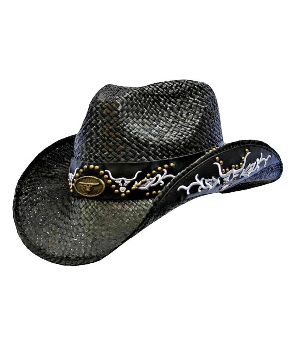 Black Cowboy Hat With Longhorn Western Hatband - C4115SSFKUV