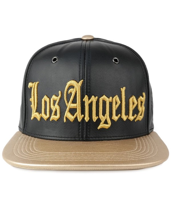 Trendy Apparel Shop Los Angeles 3D Embroidered PU Leather Style Flatbill Snapback Cap - Black/Gold - CR12O37O2EM