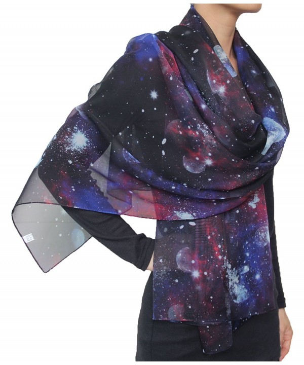 Fashion Nebula Galaxy Twinkle Stars Pale Planet Print Chiffon Scarf Black - CZ12FR5PMN9