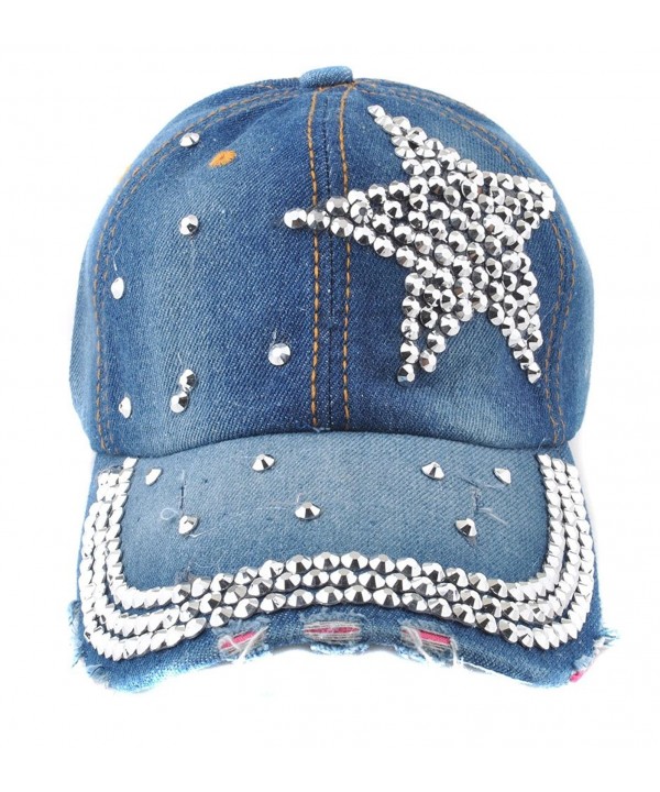 Elonmo Cute Silver Big Star Womens Baseball Cap Jewel Rhinestone Bling Hats Jeans Wash Denim - Blue - CJ11YMO2JBZ