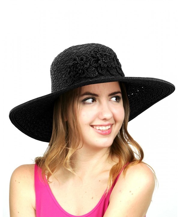 NYFASHION101 Women's Interweaved Crushable Floral Accent Adjustable Sun Hat - Black - CE11AQYI1F7