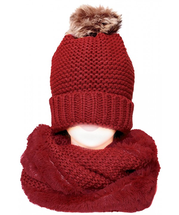 KMystic Thick Winter Slouch Hat and Infinity Scarf Set - Fur Pom Red - CP187409GKK