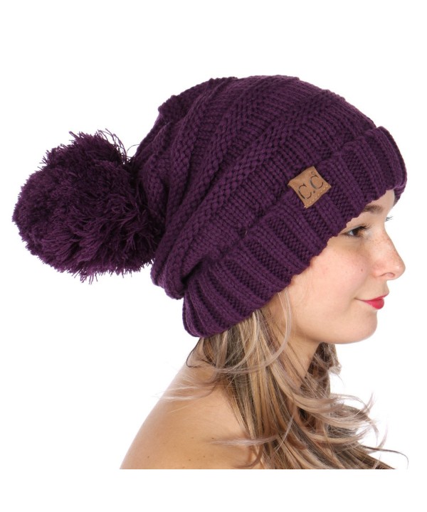 SERENITA C.C Simple Oversized Slouchy Knit Winter Beanie Hat With Pom Pom - Dark Purple - CG187WQ2SU4