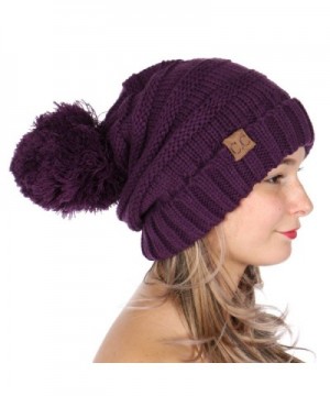 SERENITA C.C Simple Oversized Slouchy Knit Winter Beanie Hat With Pom Pom - Dark Purple - CG187WQ2SU4