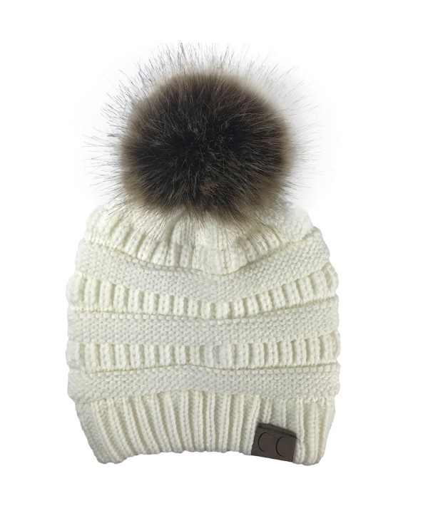 Gagget Womens Winter Warm Wool Knitted Beanie Detachable Fur Ball Caps Faux Fur Pom Hat - White - CQ187AX8WMN