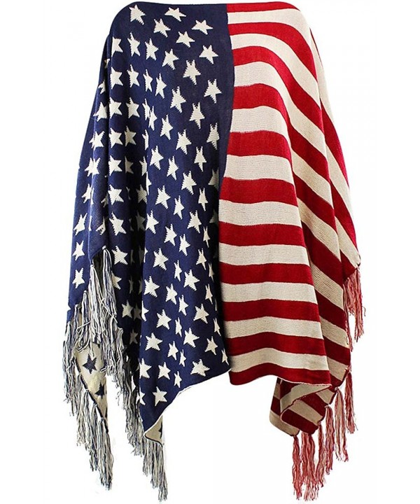 American Flag Print Knit Poncho With Fringe - CK12N7Y6LBR