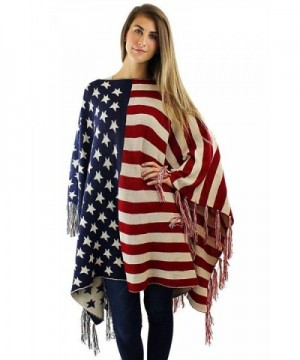 American Flag Print Poncho Fringe in Wraps & Pashminas