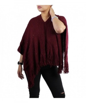 Bohemian V-Neck Sequined Tasseled Short Poncho - Maroon - CD127YK8PFH