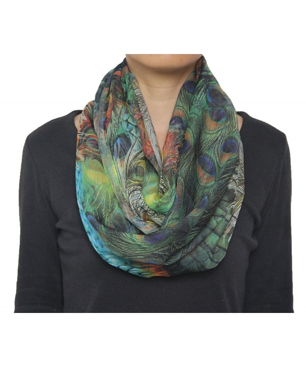 Seamaidmm Fashion Bird Peacock Feather Print Chiffon Infinity/Loop Scarf Green - C911YM2U8J7