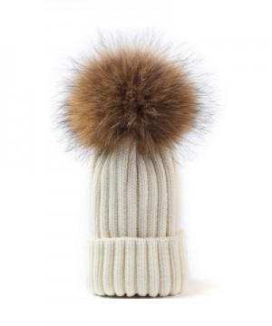Valpeak Womens Winter Fur hats Real Large Detachable Raccoon Fur Pom Pom Beanie Hat - Ivory - CY186ARZ88Z