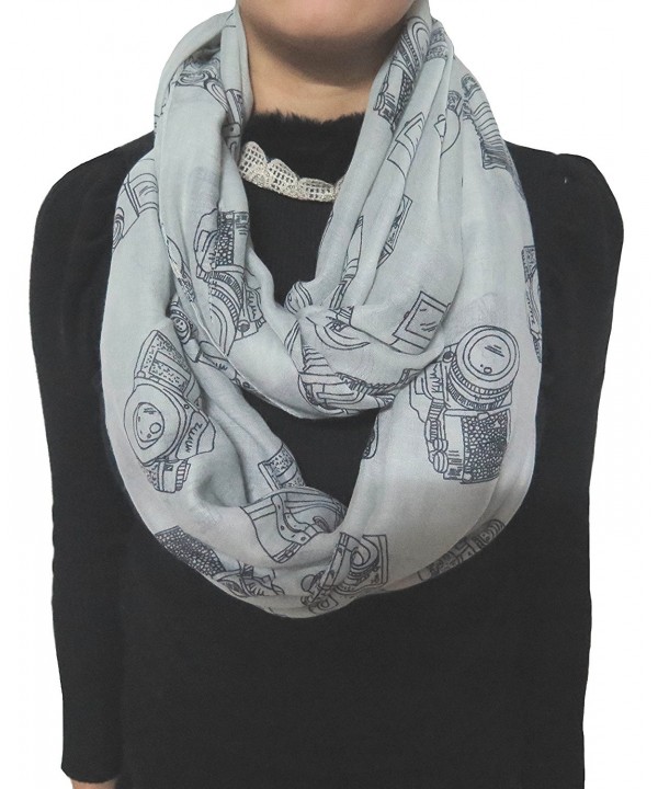 Lina & Lily Vintage Camera Print Loop Infinity Scarf for Women Lightweight - Grey - CJ11PCLIHHR