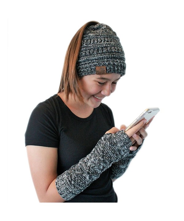 Aloha Wear Messy Bun Ponytail Beanie and Arm Warmer Fingerless Gloves - Black- White- & Grey - CN188XTWRCA