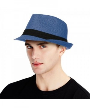 Straw Hat for Men Classic Manhattan Structured Summer Fedora Hat - Navy - C517Z3TEKTN